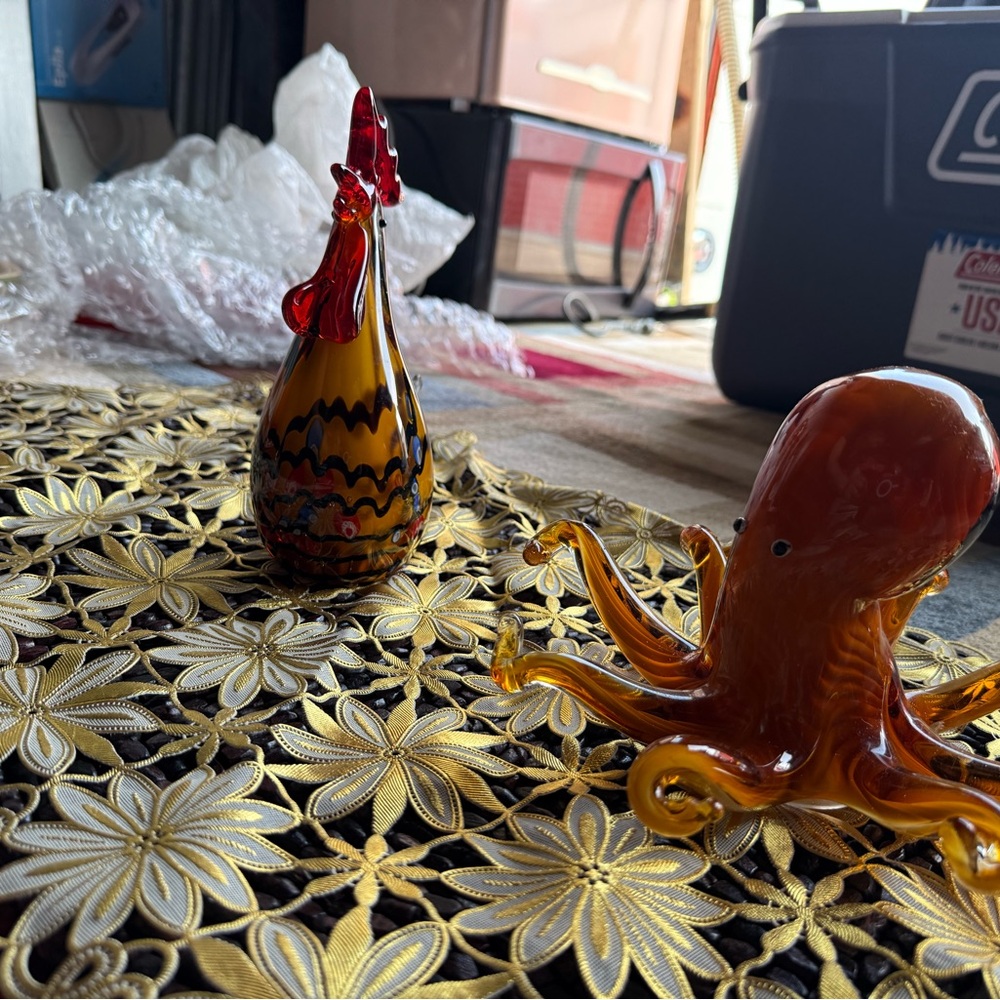 Glass Rooster and Octopus Figurines